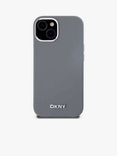 DKNY Folyékony szilikon ezüst fém logós Magsafe hátlap iPhone 15 Pro szürke DKNY
