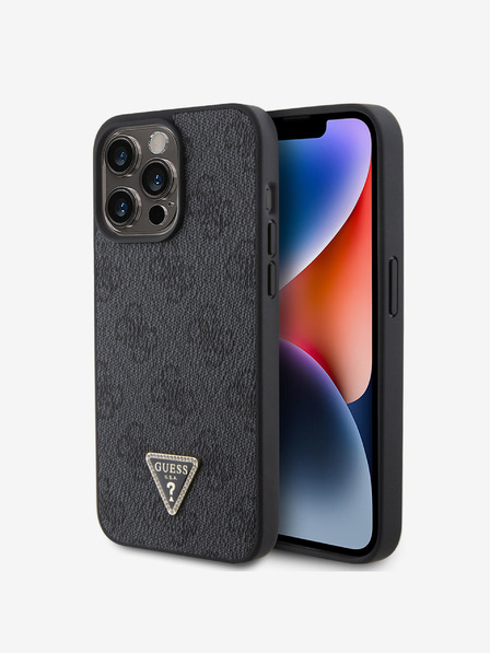 Guess PU 4G Strass Triangle Metal Logo Zadní Kryt pro iPhone 15 Pro Max Black Telefontok