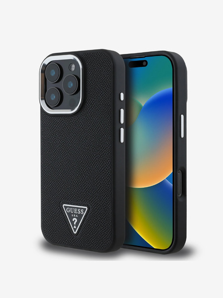 Guess PU Grained Triangle Logo Zadní Kryt pro iPhone 16 Pro Max Black Telefontok