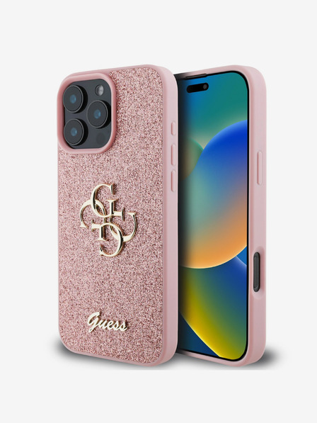 Guess PU Fixed Glitter 4G Metal Logo Zadní Kryt pro iPhone 16 Pro Pink Telefontok