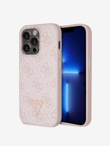 Guess PU 4G Strass Triangle Metal Logo Zadní Kryt pro iPhone 15 Pro Pink Telefontok