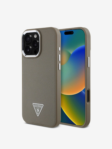 Guess PU Grained Triangle Logo Zadní Kryt pro iPhone 16 Pro Brown Telefontok