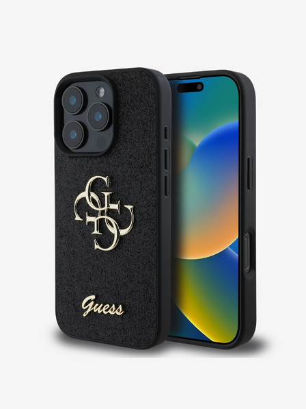 Guess PU Fixed Glitter 4G Metal Logo Zadní Kryt pro iPhone 16 Pro Black Telefontok