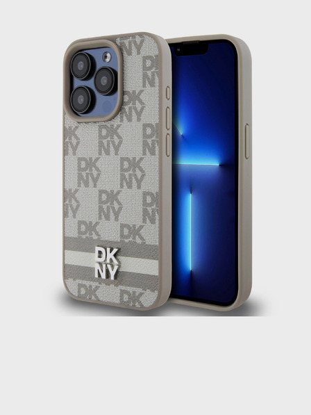 DKNY PU bőrből készült, kockás mintás és csíkos hátlapi borító iPhone 15 Pro bézs DKNY