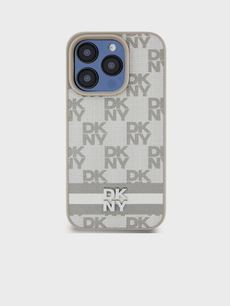 DKNY PU bőrből készült, kockás mintás és csíkos hátlapi borító iPhone 15 Pro bézs DKNY