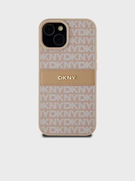 DKNY PU bőr ismétlődő mintás, tónusos csíkos hátlap iPhone 15 rózsaszín DKNY
