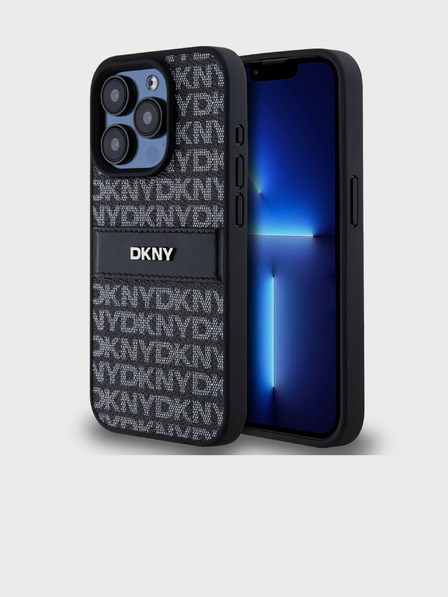 DKNY PU bőr ismétlődő mintás, tónusos csíkos hátlapi borító iPhone 14 Pro Fekete DKNY