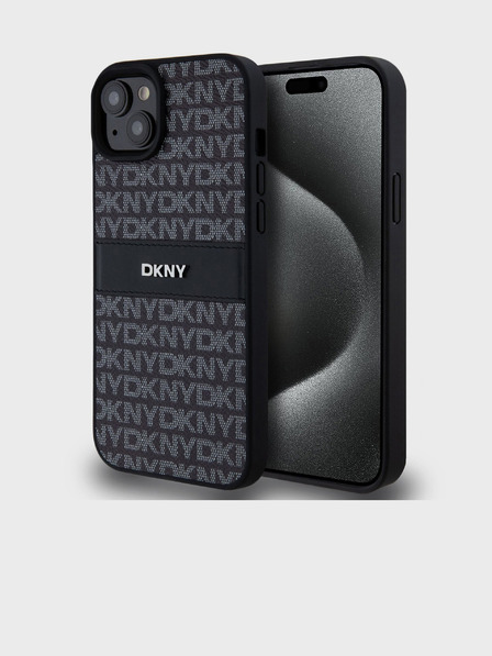 DKNY PU bőr Ismétlődő mintás, tónusos csíkos hátlap iPhone 15 Plus fekete DKNY DKNY