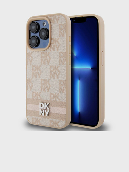 DKNY PU bőrből készült kockás mintás és csíkos hátlapi borító iPhone 14 Pro Max rózsaszín DKNY rózsaszínű iPhone 14 Pro Maxhoz