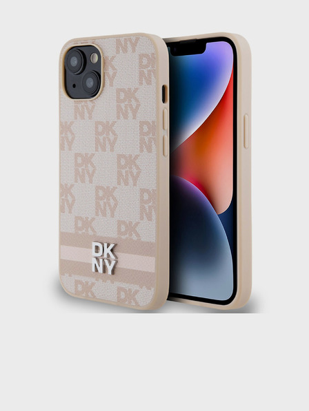 DKNY PU bőr kockás mintás és csíkos hátlapi borító iPhone 15 készülékhez Rózsaszín DKNY
