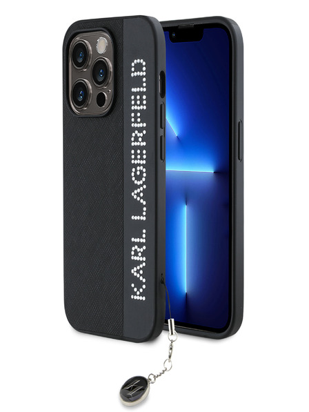 Karl Lagerfeld Karl Lagerfeld PU Saffiano Karl Lagerfeld strasszos varázslatos hátlap iPhone 14 Pro fekete készülékhez