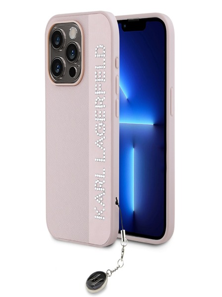 Karl Lagerfeld Karl Lagerfeld PU szaffianó strasszos bájos hátsó borító iPhone 15 Pro Max rózsaszínű készülékéhez