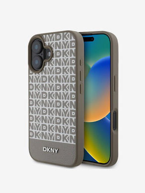 DKNY PU Leather Repeat Pattern Bottom Stripe MagSafe Zadní Kryt pro iPhone 16 Brown Telefontok