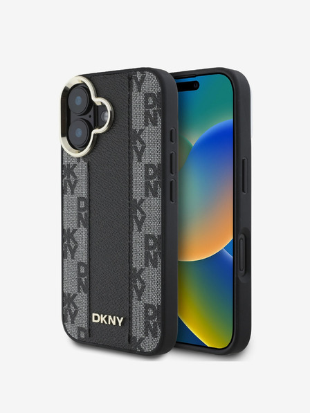DKNY DKNY PU-bőrből készült kockás mintás Magsafe hátlap iPhone 16 Plus készülékhez Fekete