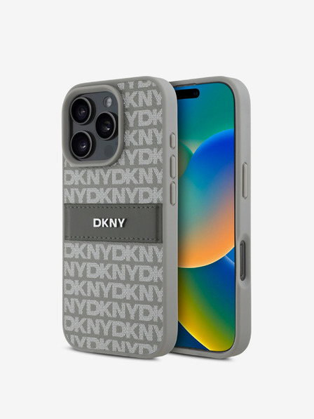 DKNY DKNY PU bőr ismétlődő mintás, tónusos csíkos hátlapi borító iPhone 16 Pro bézs színű készülékhez