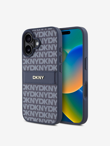 DKNY DKNY PU bőr ismétlődő mintás, tónusos csíkos hátlapi borító iPhone 16-hoz Kék