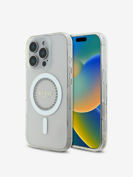 Guess Guess IML strasszos gyűrűs MagSafe hátlapi borító iPhone 16 Pro Max-hoz Fehér