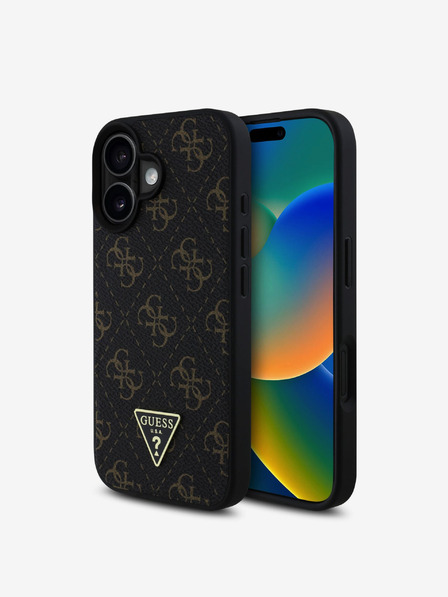 Guess Guess PU bőr 4G háromszög fém logóval ellátott hátsó borító iPhone 16-hoz Fekete