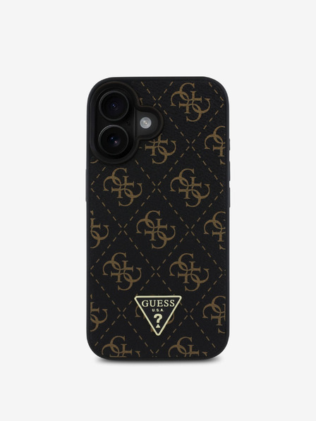 Guess Guess PU bőr 4G háromszög fém logóval ellátott hátsó borító iPhone 16-hoz Fekete
