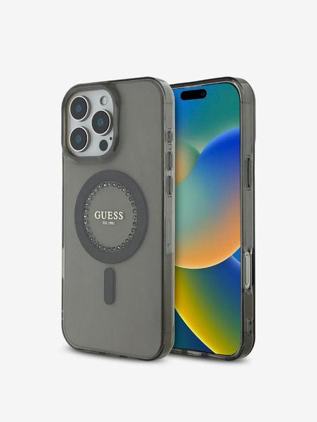 Guess Guess IML strasszos gyűrűs MagSafe hátlap az iPhone 16 Pro készülékhez Fekete