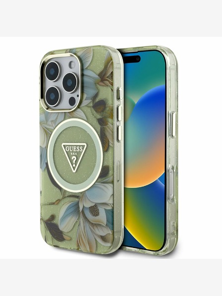 Guess Guess IML csillogó Magnólia és háromszög logó MagSafe hátlapi borító iPhone 16 Pro készülékhez Zöld