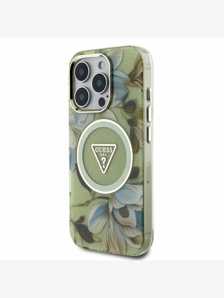 Guess Guess IML csillogó Magnólia és háromszög logó MagSafe hátlapi borító iPhone 16 Pro készülékhez Zöld