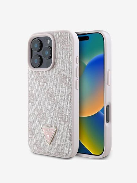 Guess Guess PU 4G Strass háromszög fém logós hátsó borító iPhone 16 Pro rózsaszínűhöz