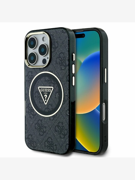 Guess Guess IML 4G csillogó és háromszög alakú logóval ellátott MagSafe hátlap iPhone 16 Pro-hoz Fekete