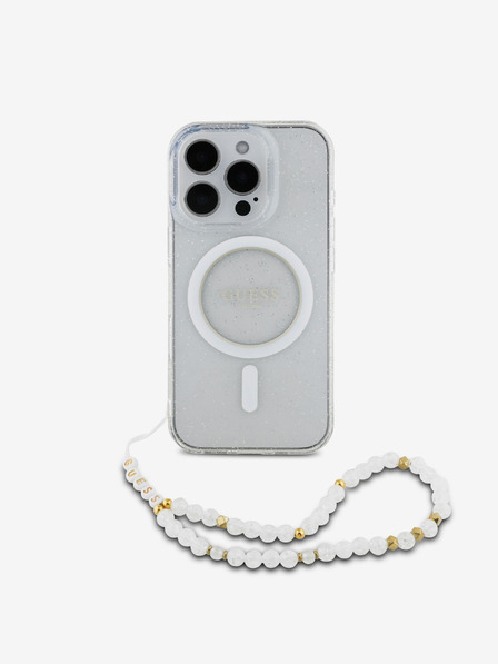 Guess IML Glitter Beads Strap MagSafe Zadní Kryt pro iPhone 16 Pro Max Transparent Telefontok