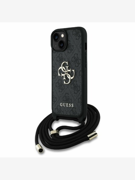 Guess Guess PU 4G fém logós fém testpántos hátsó borító az iPhone 15 készülékhez Fekete