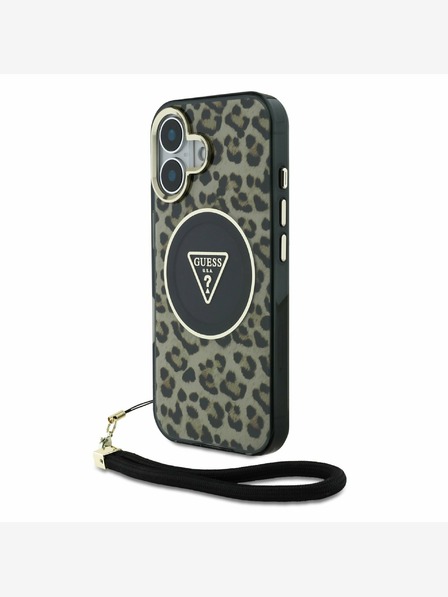 Guess IML Leopard Triangle Logo Strap MagSafe Zadní Kryt pro iPhone 16 Brown Telefontok