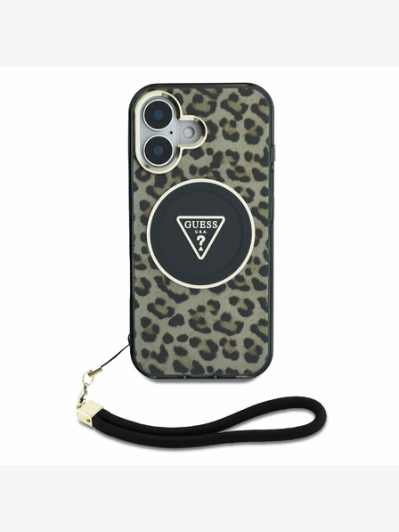 Guess IML Leopard Triangle Logo Strap MagSafe Zadní Kryt pro iPhone 16 Brown Telefontok