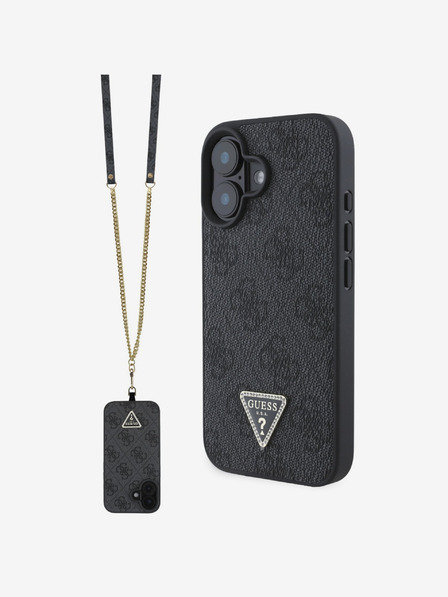 Guess Guess PU 4G Strass háromszög fém logós fém hátlap + keresztpánt iPhone 16-hoz Fekete