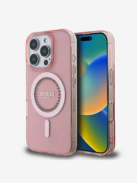 Guess Guess IML strasszköves gyűrű MagSafe hátlap iPhone 16 Pro készülékhez Rózsaszínű