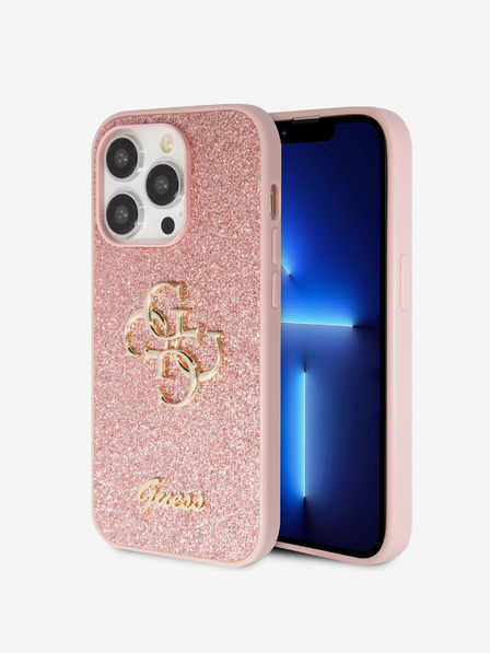 Guess Guess PU Fixed Glitter 4G fém logós hátlap iPhone 15 Pro készülékhez Rózsaszín