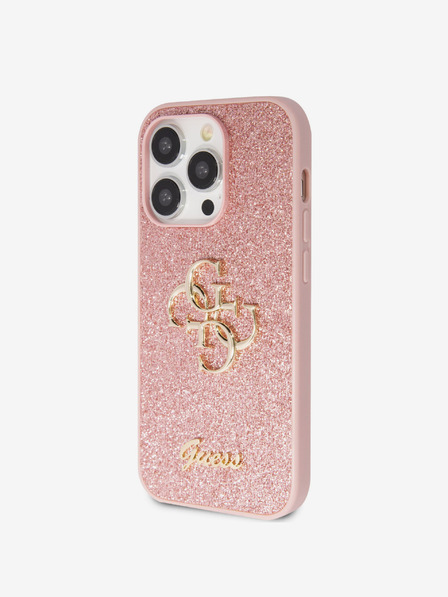 Guess Guess PU Fixed Glitter 4G fém logós hátlap iPhone 15 Pro készülékhez Rózsaszín