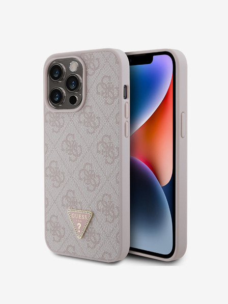 Guess PU 4G Strass Triangle Metal Logo Zadní Kryt pro iPhone 15 Pro Max Pink Telefontok