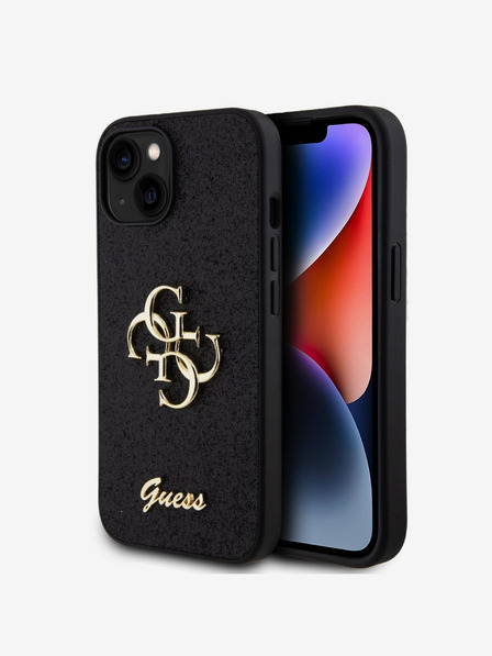 Guess PU Fixed Glitter 4G Metal Logo Zadní Kryt pro iPhone 15 Black Telefontok