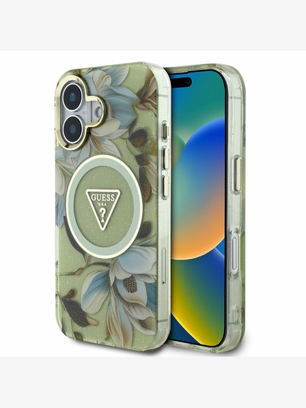 Guess Guess IML Glitter Magnolia és háromszög logó MagSafe hátlapi borító iPhone 16-hoz Zöld