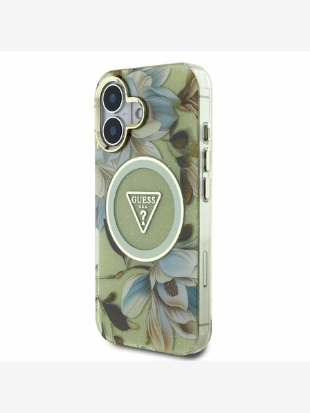 Guess Guess IML Glitter Magnolia és háromszög logó MagSafe hátlapi borító iPhone 16-hoz Zöld