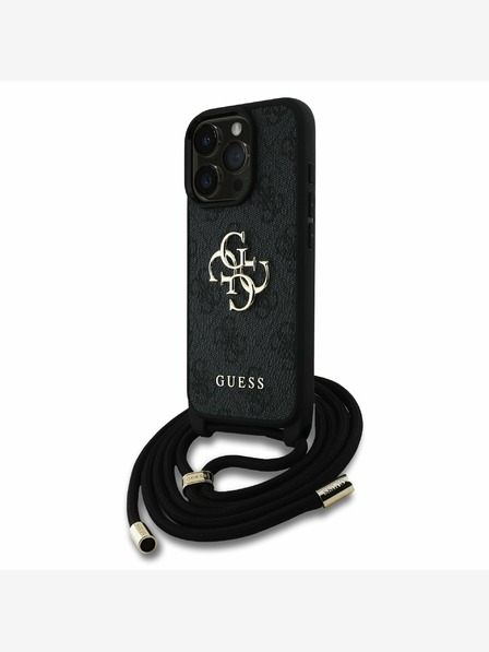 Guess Guess PU 4G fém logós fém testpántos hátsó borító az iPhone 16 Pro Max-hoz Fekete