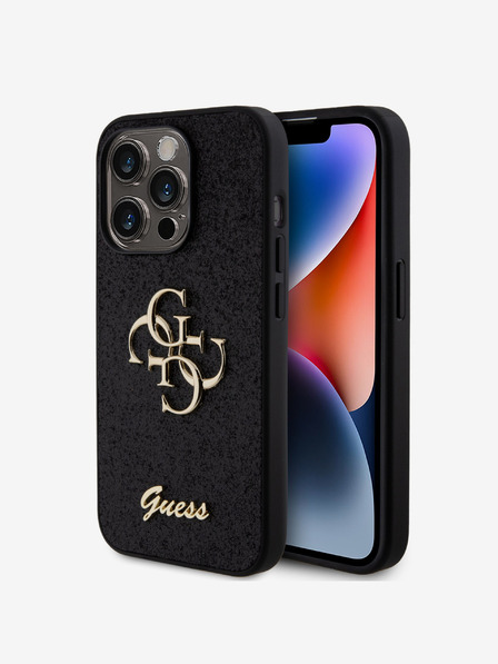 Guess Guess PU fix csillogó 4G fém logós fém hátlap iPhone 15 Pro-hoz Fekete