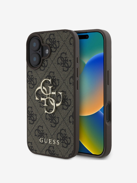 Guess Guess PU 4G fém logós fém hátlap iPhone 16 készülékhez Barna