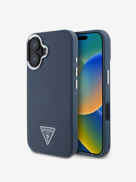 Guess Guess PU szemcsés háromszög logós hátsó borító iPhone 16-hoz Kék