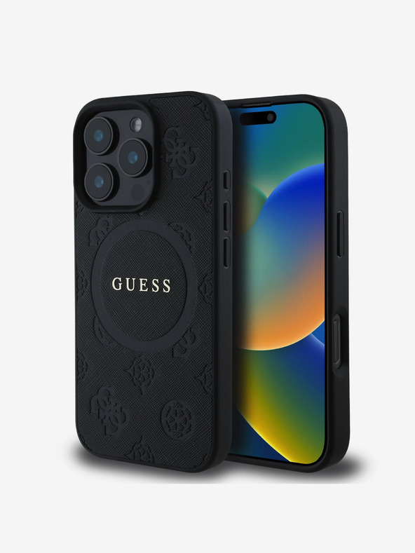 Guess Saffiano Peony Stamp MagSafe Zadní Kryt pro iPhone 16 Pro Black Telefontok Lila akciós termékkép 1