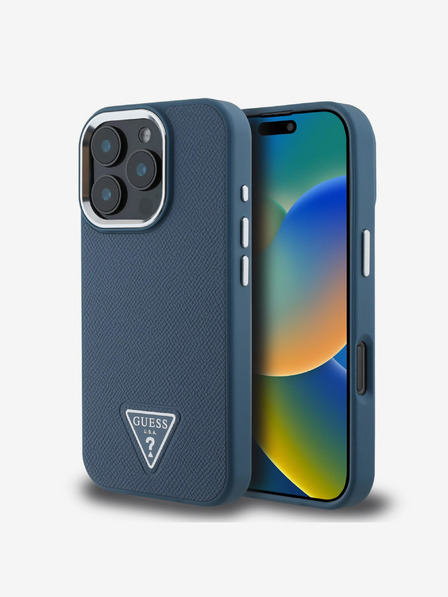 Guess Guess PU szemcsés háromszög logós hátsó borító iPhone 16 Pro Max készülékhez Kék