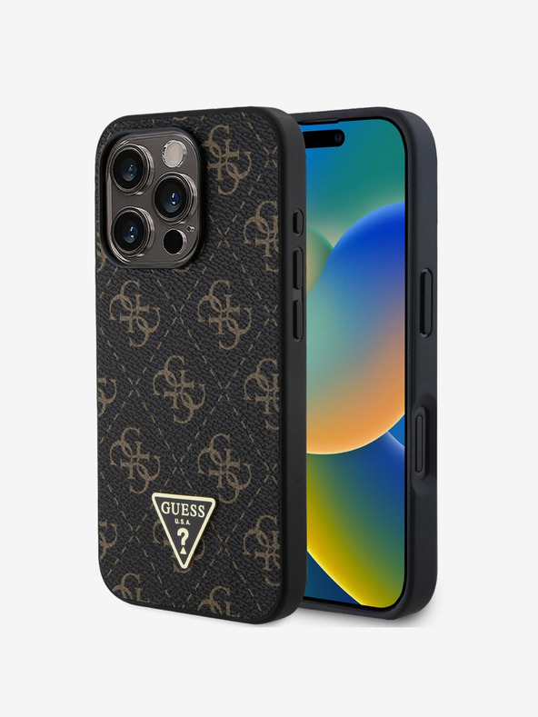 Guess PU Leather 4G Triangle Metal Logo Zadní Kryt pro iPhone 16 Pro Max Black Telefontok Lila akciós termékkép 1