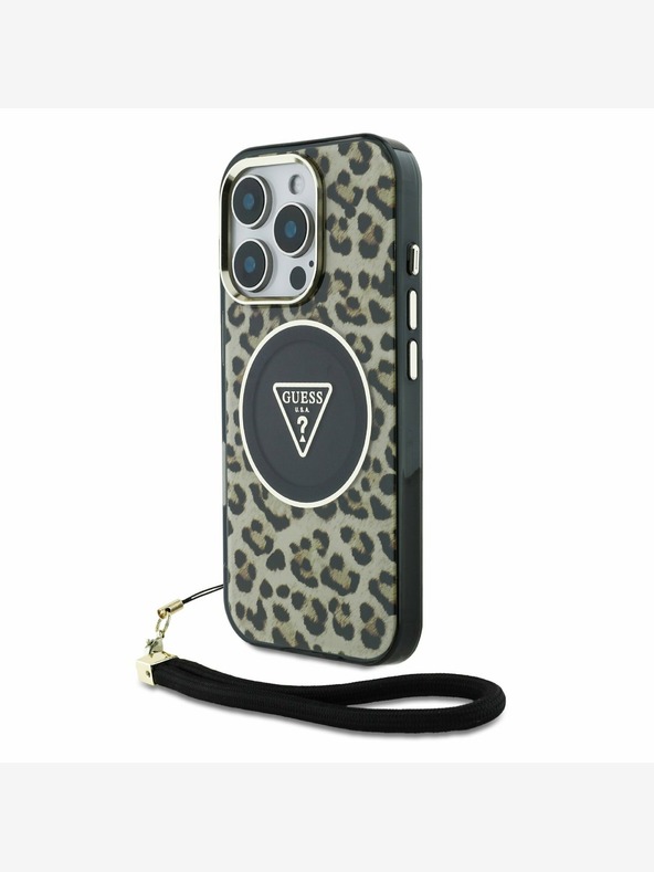 Guess IML Leopard Triangle Logo Strap MagSafe Zadní Kryt pro iPhone 16 Pro Brown Telefontok Lila akciós termékkép 1