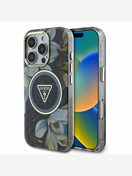 Guess Guess IML csillogó Magnólia és háromszög logó MagSafe hátlapi borító iPhone 16 Pro Max-hoz Fekete