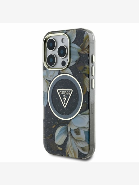 Guess Guess IML csillogó Magnólia és háromszög logó MagSafe hátlapi borító iPhone 16 Pro Max-hoz Fekete
